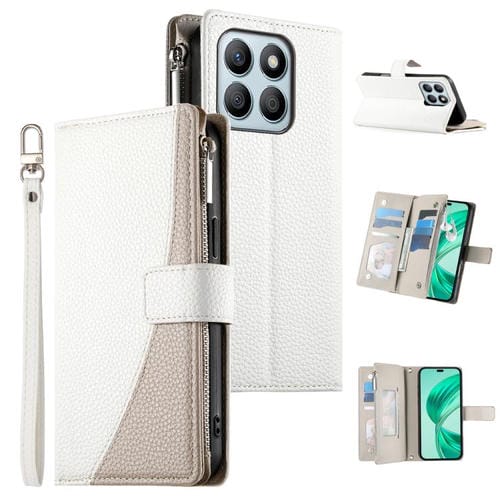 Funda de cuero con cremallera y múltiples tarjetas para Honor X8b, con costuras y correa corta (blanca)