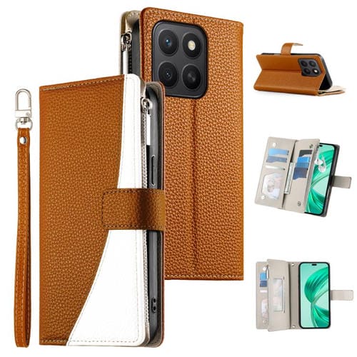 Funda de cuero con cremallera y múltiples tarjetas para Honor X8c 4G, con costuras y correa corta (marrón)