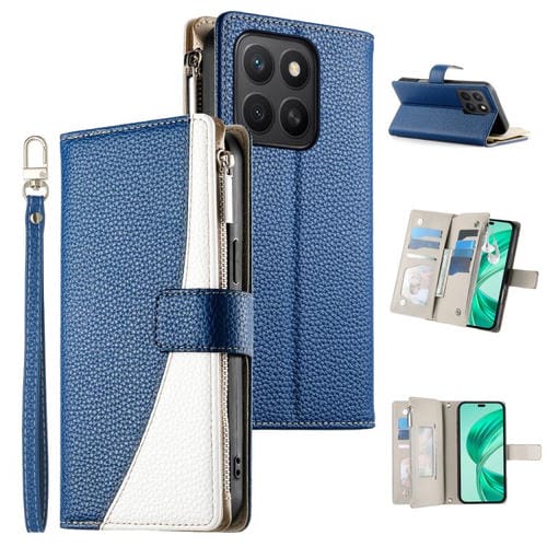 Funda de cuero con cremallera y múltiples tarjetas para Honor X8c 4G, con costuras y correa corta (azul oscuro)