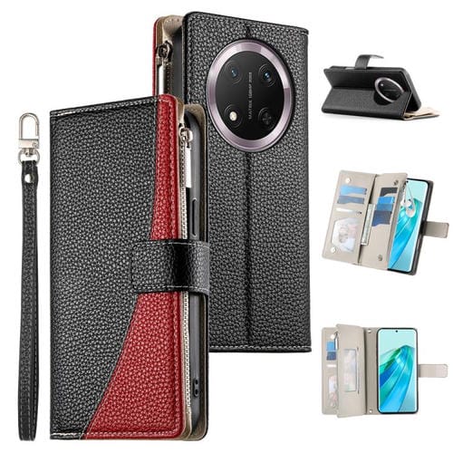 Funda de cuero tipo billetera con cremallera y múltiples tarjetas, con costuras y correa corta para Honor X9c/Magic7 Lite (negra)