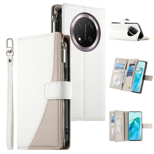 Funda de cuero tipo billetera con cremallera y múltiples tarjetas, con costuras y correa corta para Honor X9c/Magic7 Lite (blanco)