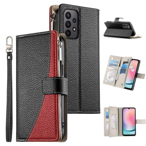 Funda de cuero tipo billetera con cremallera y múltiples tarjetas, con costuras y correa corta para Samsung Galaxy A23 4G / 5G / M13 4G / M23 (negro)