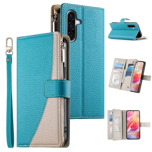 Funda de cuero tipo billetera con cremallera y múltiples tarjetas para Samsung Galaxy A36 5G, con costuras y correa corta (azul)