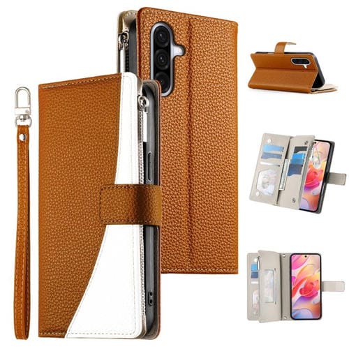 Funda de cuero tipo billetera con cremallera y múltiples tarjetas para Samsung Galaxy A36 5G, con costuras y correa corta (marrón)