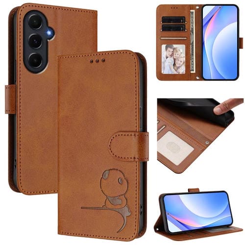 Funda de cuero con relieve RFID y cordón para Samsung Galaxy A55 5G (marrón)