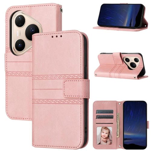 Funda de piel sintética con diseño de rayas en relieve para Huawei Pura 80 5G (rosa)