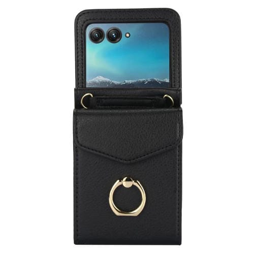 Funda para Motorola Razr 50 Ultra con ranura para tarjeta RFID y soporte de anillo (negra)