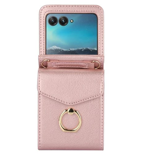 Funda para Motorola Razr 60 Ultra con ranura para tarjeta RFID y soporte de anillo (oro rosa)