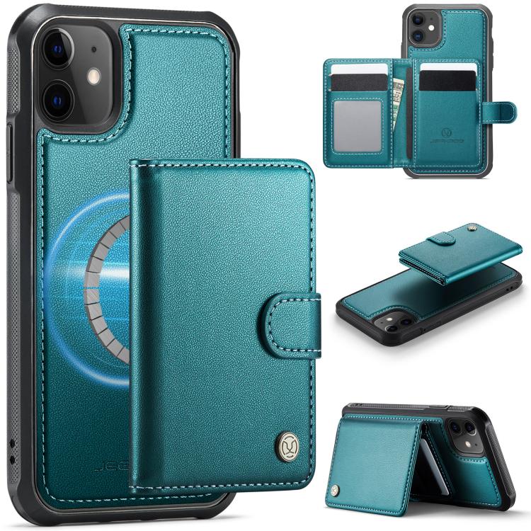 JEEHOOD J09 - Funda de cuero con hebilla para iPhone 12/12 Pro, estilo magnético, RFID, MagSafe (verde)