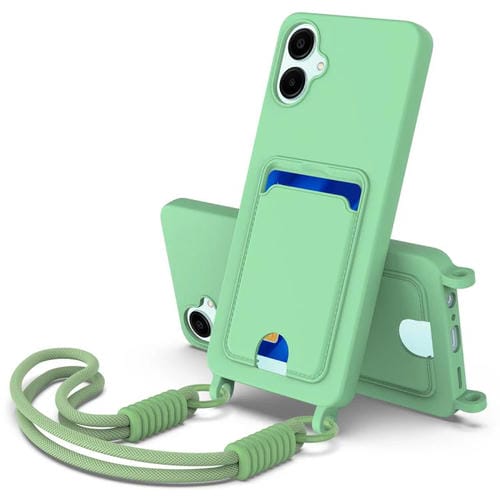 Funda de silicona líquida de color sólido para Samsung Galaxy A06 4G con tarjetero integrado (Gen2) y cordón corto (verde)