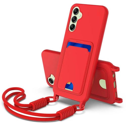 Funda de silicona líquida de color sólido para Samsung Galaxy A14 4G/5G (Gen2) con tarjetero integrado y cordón corto (rojo)