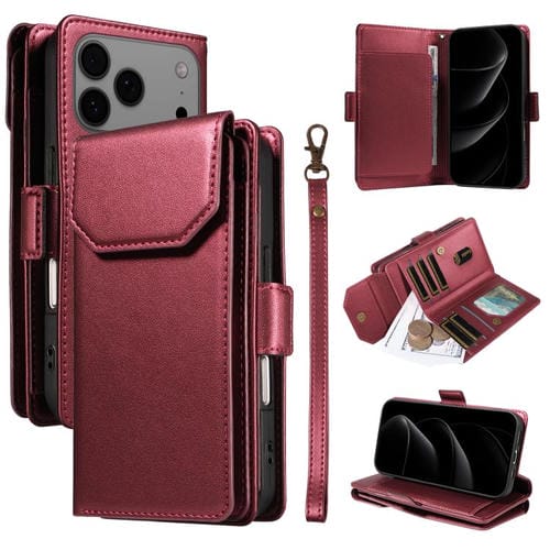 Funda de cuero con tarjetero para iPhone 17 Pro Max con correa (roja)