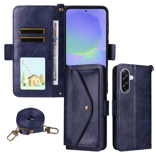 Funda de piel de vacuno cruzada con ranuras para múltiples tarjetas para Samsung Galaxy A56 5G (azul)
