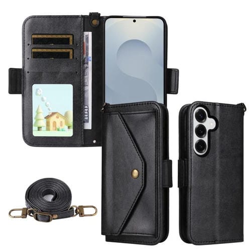 Funda de piel de vacuno cruzada con ranuras para múltiples tarjetas para Samsung Galaxy S25 5G (negra)