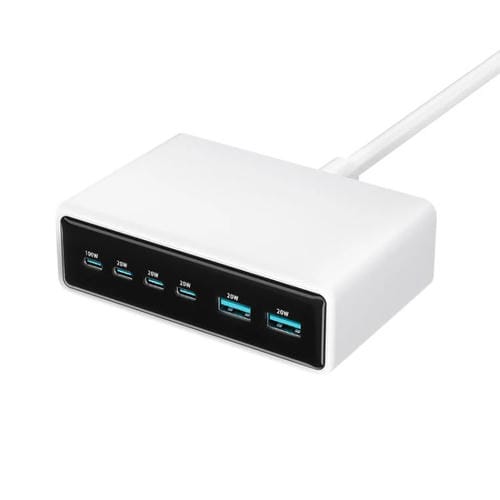 Cargador rápido de escritorio multifunción GaN de 6 puertos, 200 W, 4 USB-C/Tipo C y 2 USB-A, enchufe estadounidense (blanco)