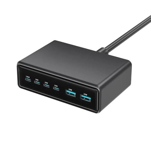 Cargador rápido de escritorio multifunción GaN de 6 puertos, 200 W, 4 USB-C/Tipo C y 2 USB-A, enchufe estadounidense (negro)