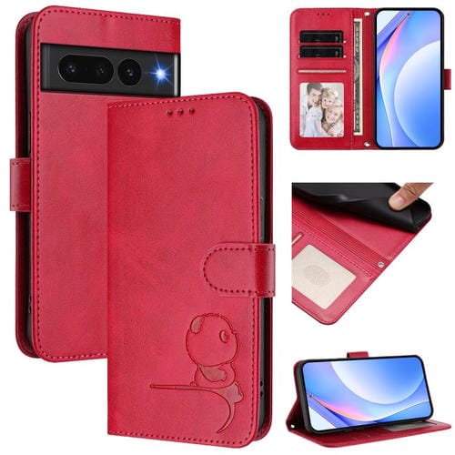 Funda de cuero con estampado RFID y cordón para Google Pixel 7 Pro (rosa y rojo)