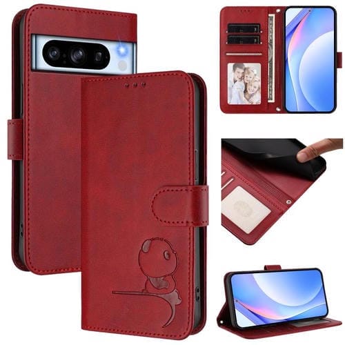 Funda de cuero RFID con estampado de panda para Google Pixel 8 Pro con cordón (rojo vino)