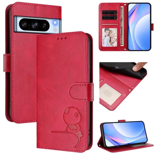 Funda de cuero RFID con estampado de panda para Google Pixel 8 Pro con cordón (rosa)