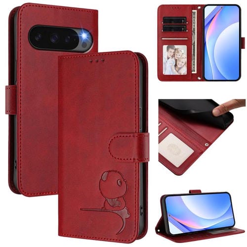 Funda de cuero con estampado RFID y cordón para Google Pixel 9/9 Pro (rojo vino)
