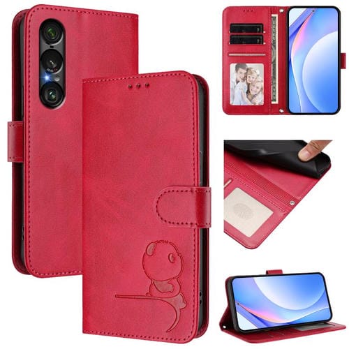 Funda de cuero RFID con estampado de panda para Sony Xperia 1 VII con cordón (rosa)