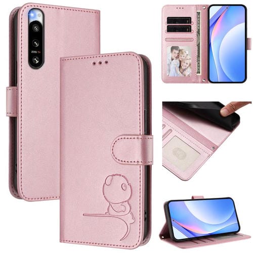 Funda de cuero con relieve RFID y cordón para Sony Xperia 5 IV (rosa)