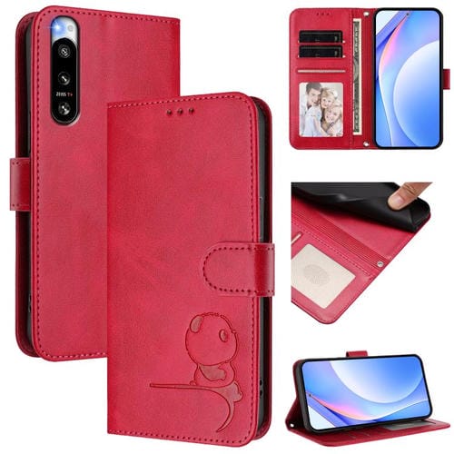 Funda de cuero RFID con relieve de panda para Sony Xperia 5 IV con cordón (rosa)