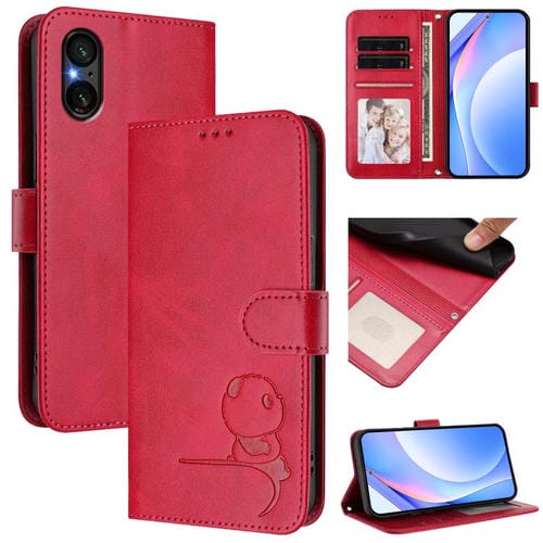Funda de cuero RFID con estampado de panda para Sony Xperia 5 V con cordón (rosa)