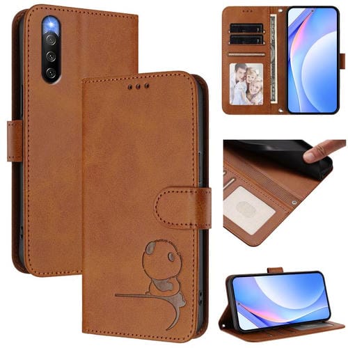 Funda de cuero con relieve RFID y cordón para Sony Xperia 10 IV (marrón)
