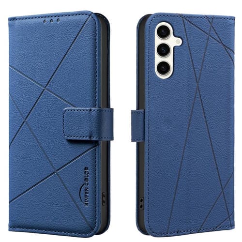 Funda de cuero RFID con patrón geométrico para Samsung Galaxy M36 5G (azul)
