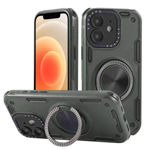 Funda magnética con rotación de 360 grados y tres núcleos para iPhone 12 (verde militar)