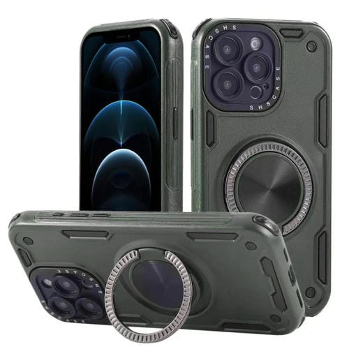 Funda magnética con rotación de 360 grados y mecanismo de tres núcleos para iPhone 12 Pro (verde militar)