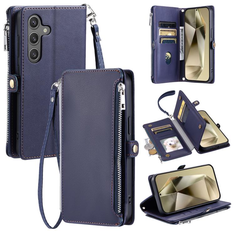Funda de cuero con cremallera y ranura para múltiples tarjetas para Samsung Galaxy S25 FE 5G (azul)