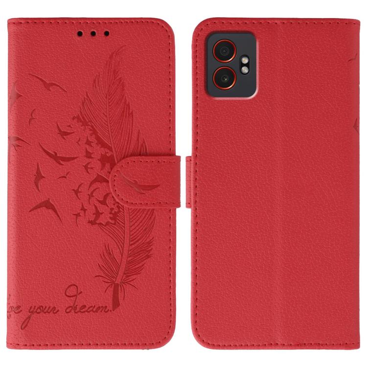 Funda de cuero con textura de lichi y estampado de plumas para Samsung Galaxy XCover7 Pro (roja)
