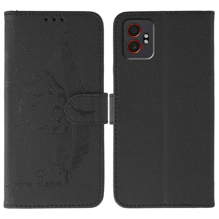 Funda de cuero con textura de lichi y estampado de plumas para Samsung Galaxy XCover7 Pro (negra)