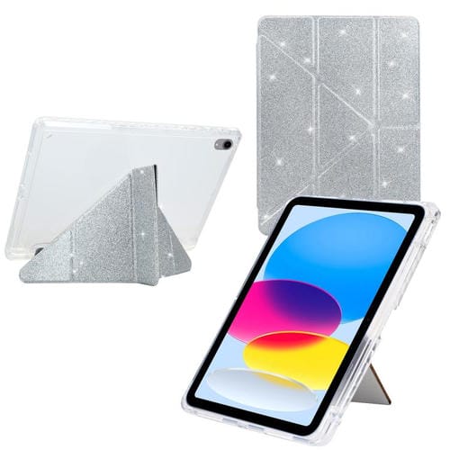 Funda de cuero inteligente con purpurina acrílica transparente plegable en Y para iPad mini 2024/mini 6 (plateada)