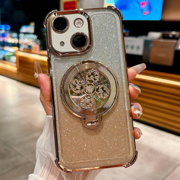 Funda con soporte giratorio para iPhone 13 con purpurina degradada (dorado desierto)