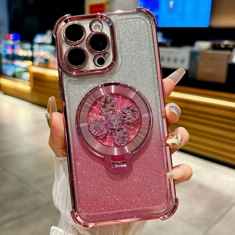 Funda con soporte giratorio para iPhone 16 Pro Max con purpurina degradada (rosa)