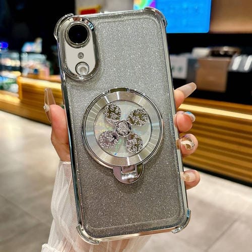 Funda con soporte giratorio para iPhone XR con purpurina degradada (plateada)