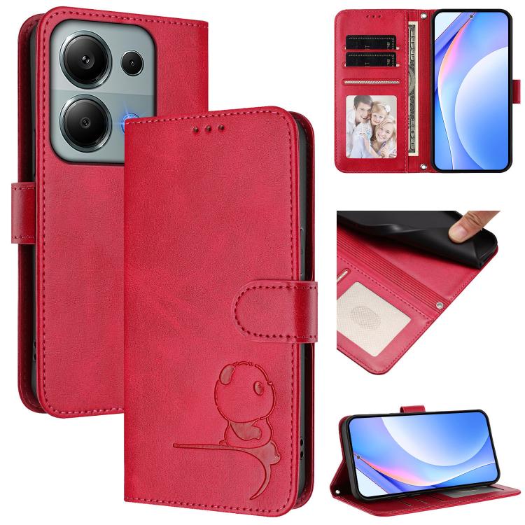 Funda de cuero RFID con estampado de panda y cordón para Redmi Note 13 Pro 4G / Note 14S (rosa)