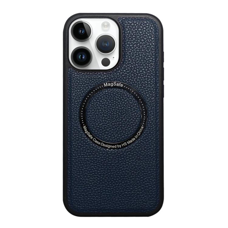 Funda trasera MagSafe de PU con textura de lichi para iPhone 15 Pro Max (azul)