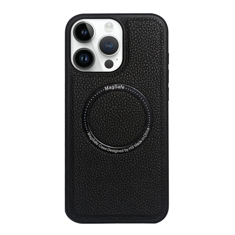 Funda trasera MagSafe de PU con textura de lichi para iPhone 15 Pro Max (negra)