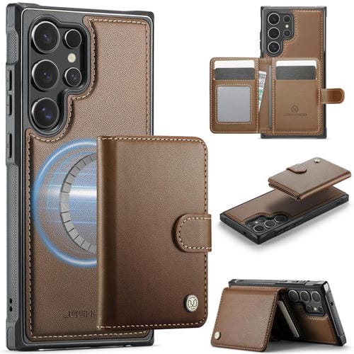 For Samsung Galaxy S23 Ultra 5G JEEHOOD J09 Buckle Card Bag MagSafe Magnetic Style RFID Leather Phone Case(Brown)