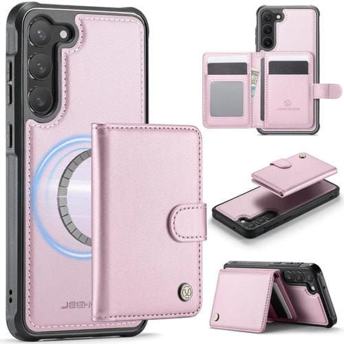 For Samsung Galaxy S23+ 5G JEEHOOD J09 Buckle Card Bag MagSafe Magnetic Style RFID Leather Phone Case(Pink)