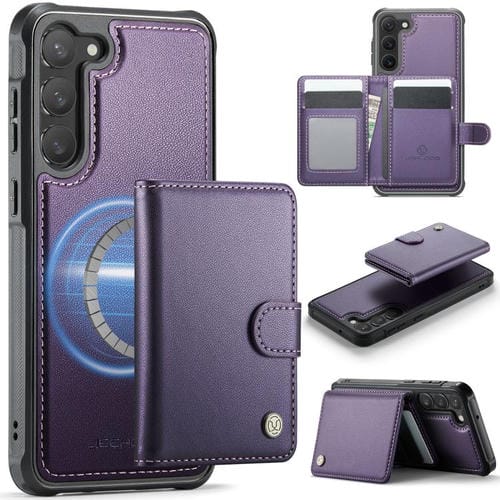 For Samsung Galaxy S23 5G JEEHOOD J09 Buckle Card Bag MagSafe Magnetic Style RFID Leather Phone Case(Purple)