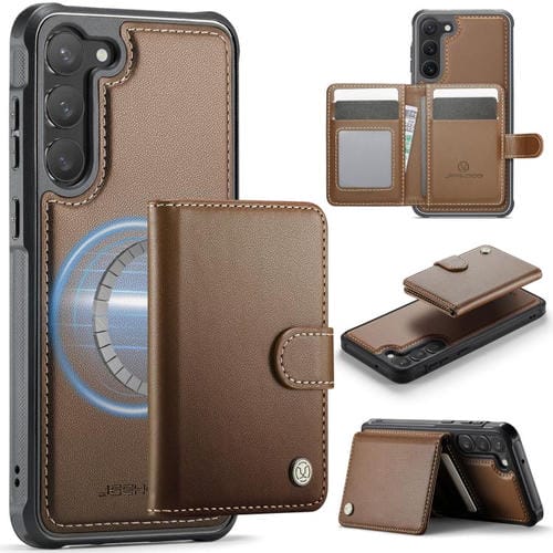 For Samsung Galaxy S23 5G JEEHOOD J09 Buckle Card Bag MagSafe Magnetic Style RFID Leather Phone Case(Brown)