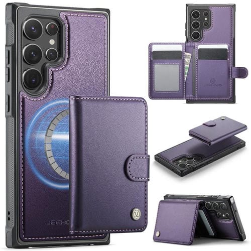 For Samsung Galaxy S22 Ultra 5G JEEHOOD J09 Buckle Card Bag MagSafe Magnetic Style RFID Leather Phone Case(Purple)