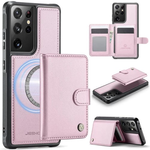 For Samsung Galaxy S21 Ultra 5G JEEHOOD J09 Buckle Card Bag MagSafe Magnetic Style RFID Leather Phone Case(Pink)