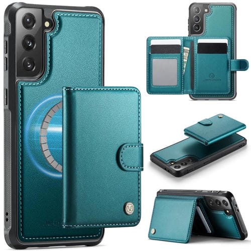 Funda de cuero con hebilla magnética para Samsung Galaxy S21 5G JEEHOOD J09, con ranuras para tarjetas, MagSafe, RFID (verde)