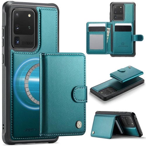 Funda de cuero con hebilla magnética para Samsung Galaxy S20 Ultra 5G JEEHOOD J09, con ranuras para tarjetas, MagSafe, RFID (verde)